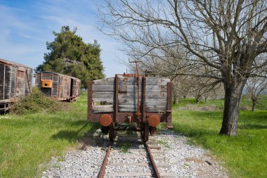 Paslı ve hasarlı tren vagonları terk edilmiş bir tren istasyonunda.