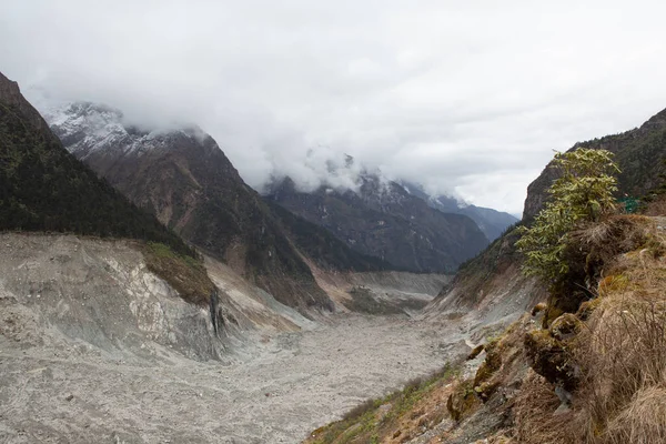 四川海螺沟槽冰川带 峡谷里的灰色部分是冰川 — 图库照片