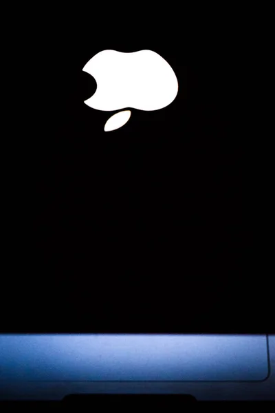 Yarı Kapalı Apple Macbook Profesyonel Logosunun Dikey Yakın Çekimi — Stok fotoğraf
