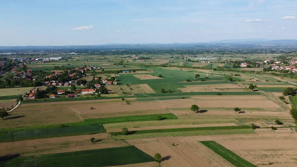 Tiro Aéreo Vale Verde Com Arbustos Plantas Casas Rurais Com — Fotografia de Stock