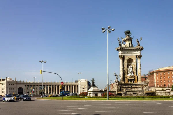 Pejzaż Miejski Słynnego Placu Plaza Espana Barcelonie Hiszpanii Magiczna Fontanna — Zdjęcie stockowe