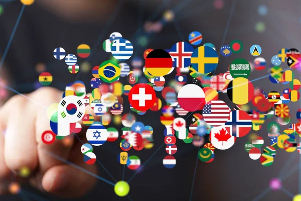 Closeup Person Hand Floating Flags Different Countries — Stock Photo, Image
