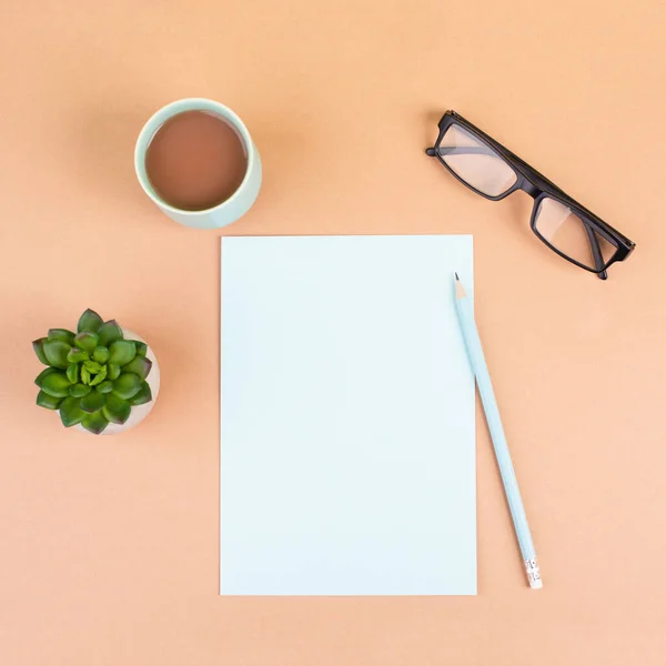 Papel Vazio Com Caneta Xícara Café Óculos Cacto Brainstorming Para — Fotografia de Stock