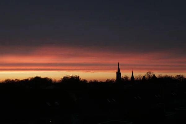 Horizontal Landscape Photo Small Town Skyline Sunset — Stock Photo, Image