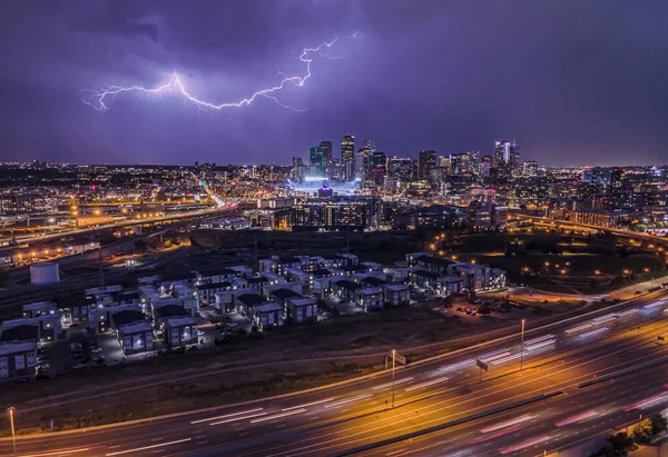 Beautiful Cityscape Downtown Denver Nighttime Long Exposure Lightning Colorado — Stock Photo, Image