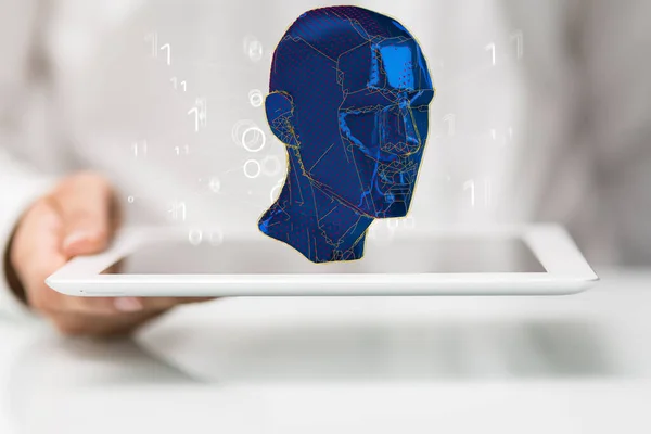 Closeup Hand Holding Tablet Virtual Human Head Model Hovering Screen — Stock Photo, Image