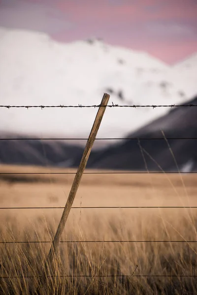 Colpo Verticale Filo Barbiere Attraverso Campo Grano Uno Sfondo Montagne — Foto Stock