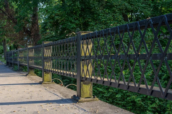 Primo Piano Una Lunga Recinzione Metallo Ponte Nero Con Alberi — Foto Stock