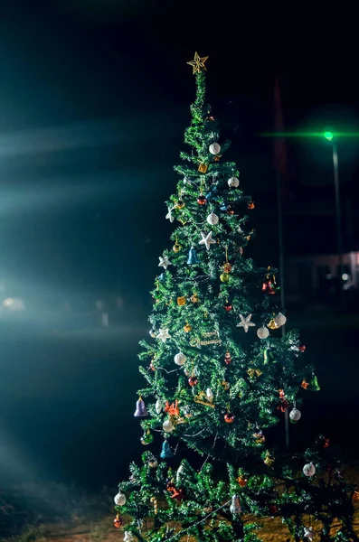 Vertikální Záběr Zdobené Venkovní Vánoční Stromeček Rozmazaném Pozadí — Stock fotografie