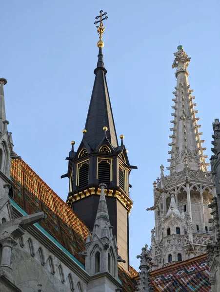 Een Verticaal Schot Van Kerk Torens Straten Van Budapest Hongarije — Stockfoto