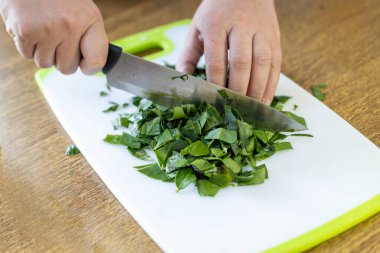 Kesme tahtasında oraları doğrayan kadın eller. Pereskia aculeata Brezilya 'nın bazı bölgelerinde popüler bir sebzedir.