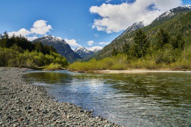Bir dağ nehri manzarası Ve uzak kar kaplı dağlar Parlak bir bahar gününde.