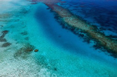 Maldivler yakınlarındaki resifli yeşil mavi suyun havadan görüntüsü.
