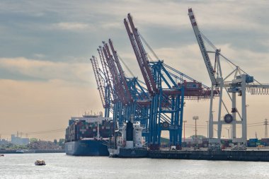 Konteynır gemileri ve vinçleri olan liman.