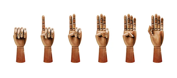 Shot Dummy Wooden Mannequin Hands Counting Five Fingers Isolated White — Stock Photo, Image