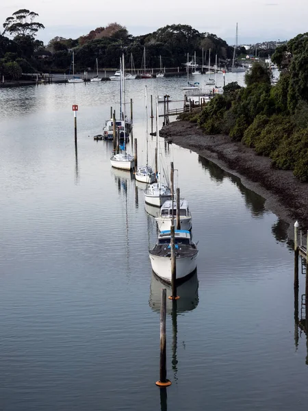 Flygfoto Över Tamaki Floden Auckland Nya Zeeland Med Förtöjda Båtar — Stockfoto