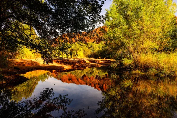 湖を眺めながら 色とりどりの紅葉と空の絶景を堪能できます — ストック写真