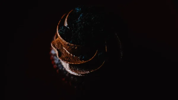 Primer Plano Cupcake Chocolate Aislado Sobre Fondo Negro — Foto de Stock