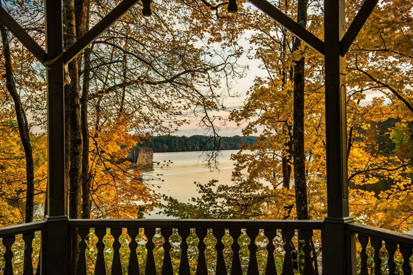 秋の木々に囲まれた森の中の展望台からの湖の美しい景色 — ストック写真