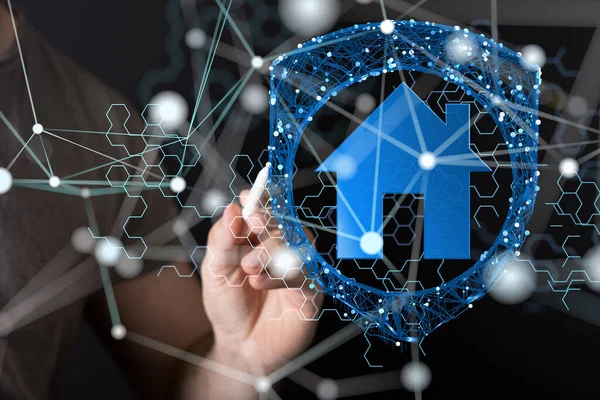 Kalemle vurulan bir el bir kalkanın ve evin üç boyutlu görüntüsüne.