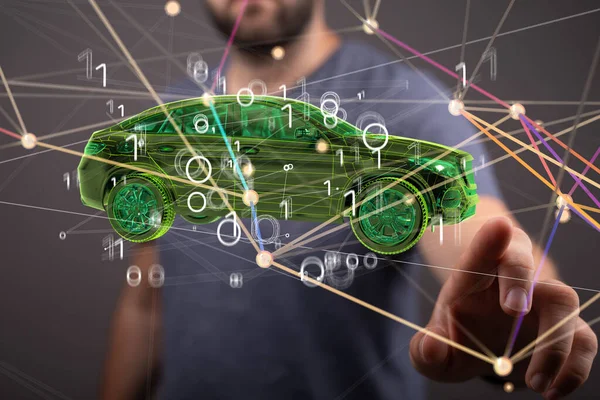 Man Tapping Rendered Green Car Binary Code — Stock Photo, Image