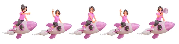 3Dイラストかわいい女の子がロケットで飛んでいます — ストック写真