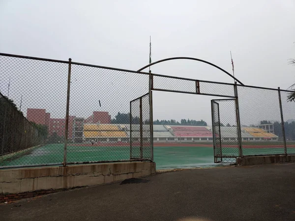 Fence Open Gate Empty Football Stadium — Stock Photo, Image