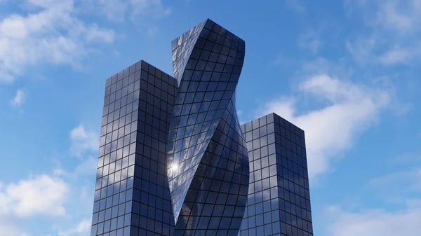 Una Ilustración Tres Rascacielos Cristal Con Uno Retorcido Fondo Nublado — Foto de Stock