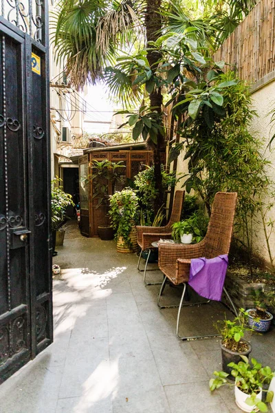 Bir evin arka bahçesinde hasır sandalyelerin dikey görüntüsü.