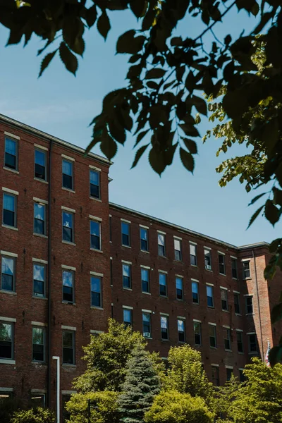 Güneşli bir günde modern bir binanın alçak açılı bir görüntüsü.