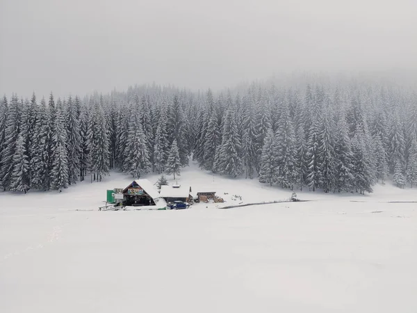 Une Vue Panoramique Une Maison Bois Dans Champ Recouvert Neige — Photo