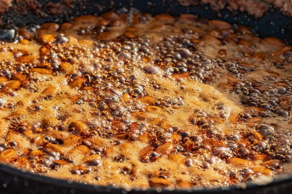 Caramelized Almonds Water Sugar Large Pot Boiling Pan Spanish Gastronomy — Stock Photo, Image