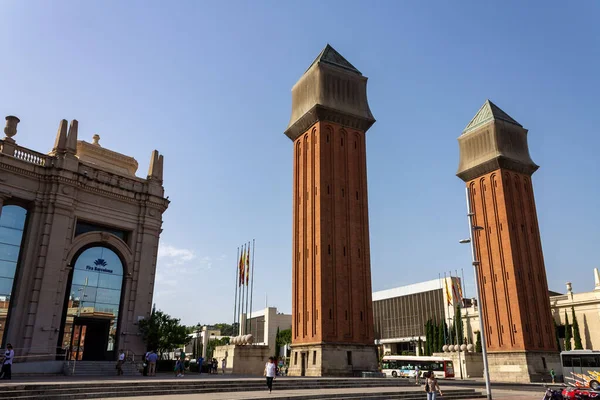 Una Vista Panorámica Placa Espanya Plaza España Con Las Torres —  Fotos de Stock