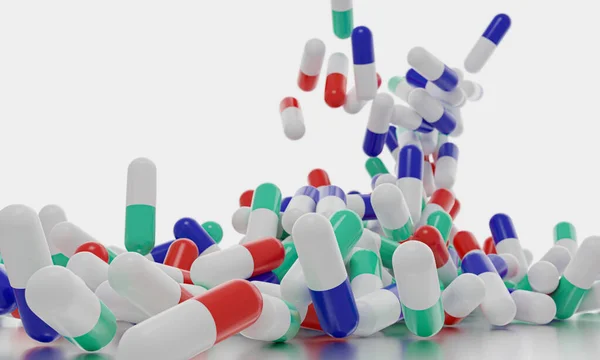 Uma Renderização Comprimidos Farmacêuticos Coloridos Medicina Fundo Branco — Fotografia de Stock