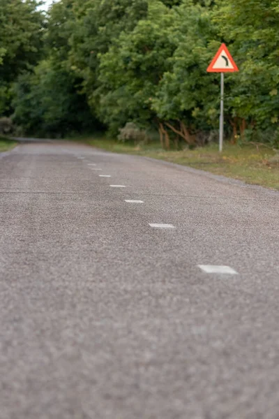 昼間に照らされた森林を通る田舎道の急な曲がりを示す道路標識の垂直ショット — ストック写真