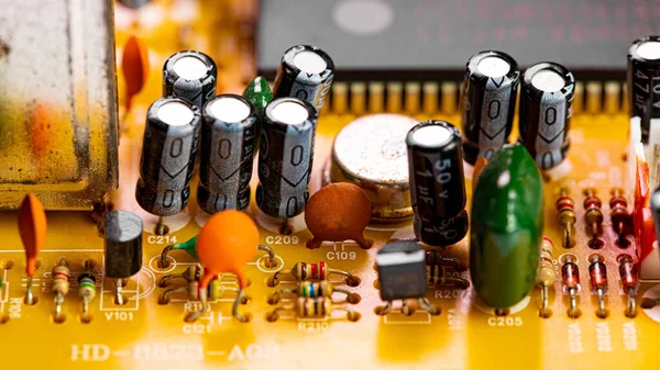 Macro Close Van Componenten Microchips Oude Printplaat — Stockfoto
