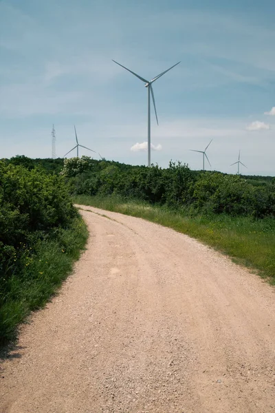 Vertical Shot Road Rural Area Windmills Background — Stock Photo, Image