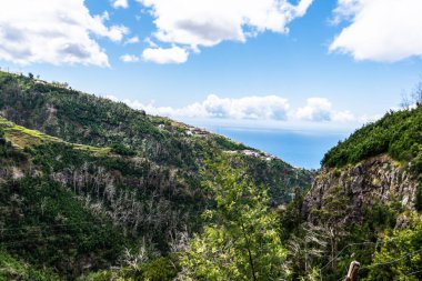 Mavi bulutlu gökyüzünün altında, Madeira 'nın Funchal şehrinin yeşil dağlarından oluşan güzel bir arazi.