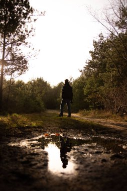 Yağmurdan sonra ormandaki bir adamın güzel bir fotoğrafı.