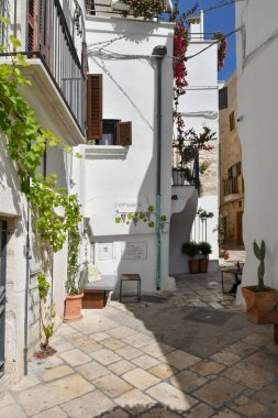 Polignano a Mare 'nin dar bir caddesi, Puglia REGION' un ortaçağ köyü..