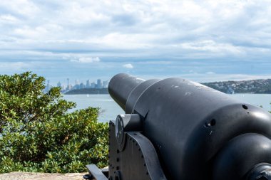 Sydney şehir manzarasına karşı siyah bir topun yakın çekimi. Avusturalya.