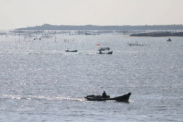 Uma Bela Vista Porto Com Barcos Água Brilhante Indonésia Jacarta — Fotografia de Stock