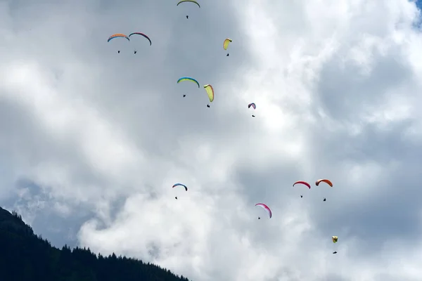 Low Angle Shot Colorful Paragliders Flying Sky — Stock Photo, Image