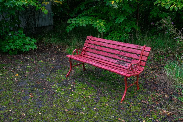 田舎の家の庭に赤で描かれた木製の空のベンチの景色 — ストック写真