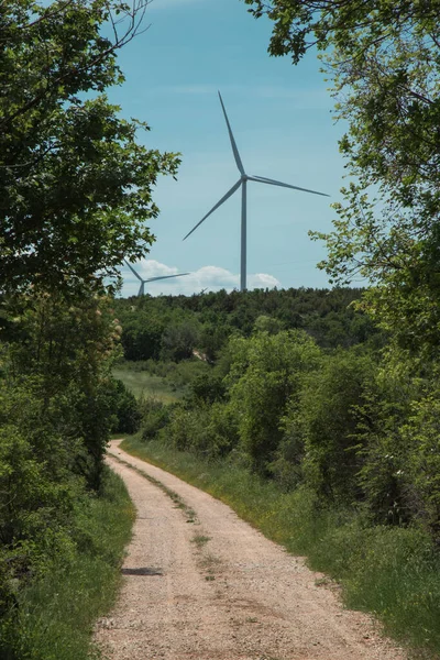 Eine Vertikale Aufnahme Einer Straße Einer Ländlichen Gegend Mit Windmühlen — Stockfoto