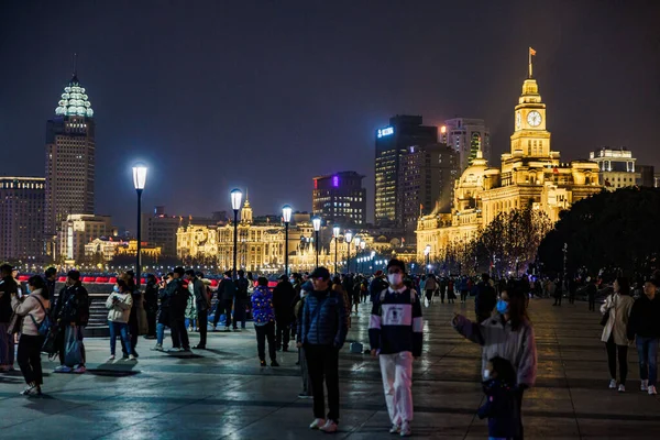 Widok Nocy Zatłoczonej Ulicy Bund Szanghaju Chiny — Zdjęcie stockowe