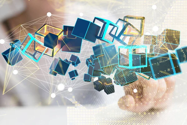 Fütürist bir veri bulutunun soyut üç boyutlu görüntülemesine tıklayan bir el.