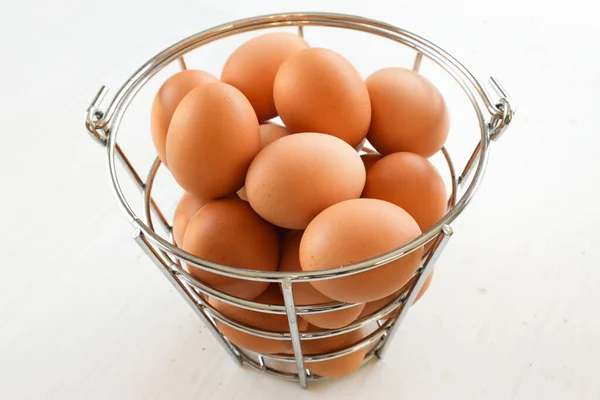 Close Shot Some Whole Eggs Modern Steel Basket — Stock Photo, Image