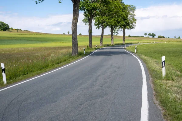 Una Vista Panoramica Una Strada Asfaltata Vuota Campo Verde Contro — Foto Stock