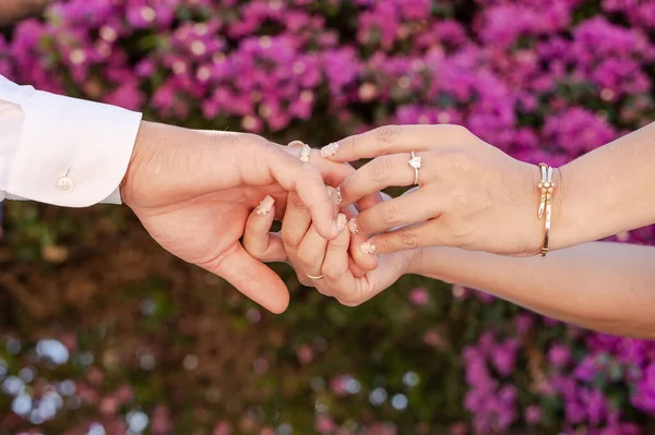 Newly Married Couple Holding Hands Wedding Rings Foreground — Stock Photo, Image